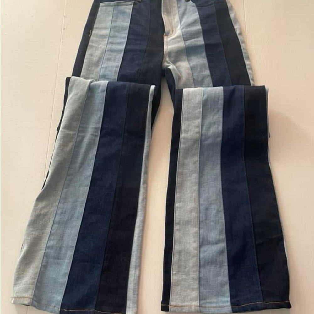 Altar'd State Blue Flare Wide Leg Jeans with Vertical Stripes